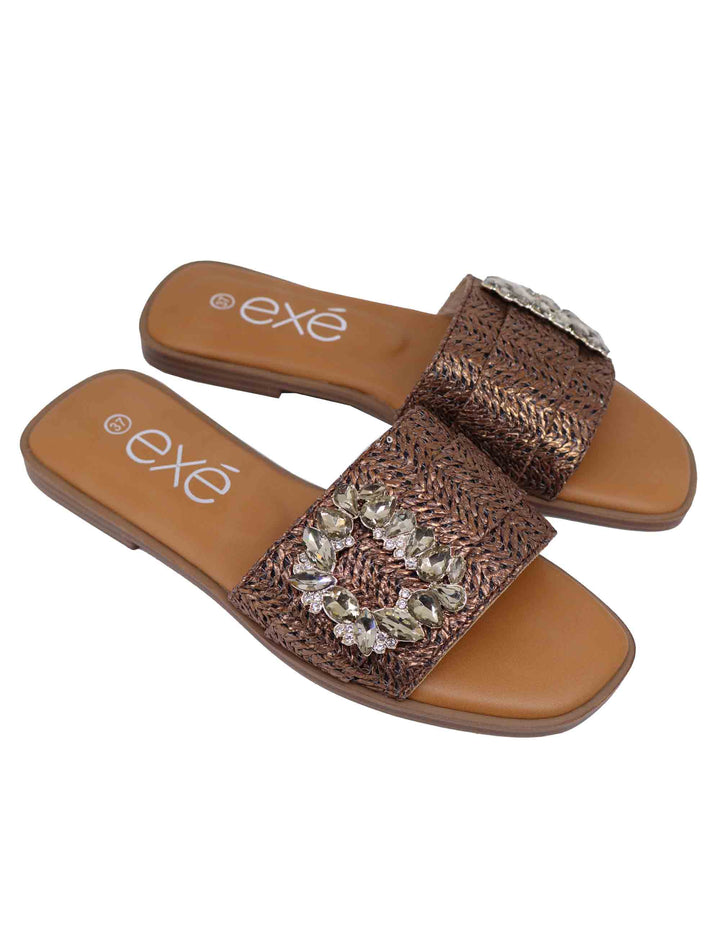 Spatarella Sandali flat donna in tessuto bronzo con fibbia in strass Offerte