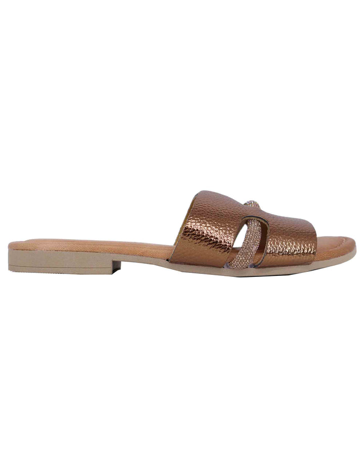 Spatarella Sandali flat donna in pelle laminata bronzo con stass Vendita Calda