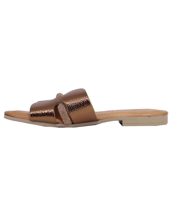 Spatarella Sandali flat donna in pelle laminata bronzo con stass Vendita Calda