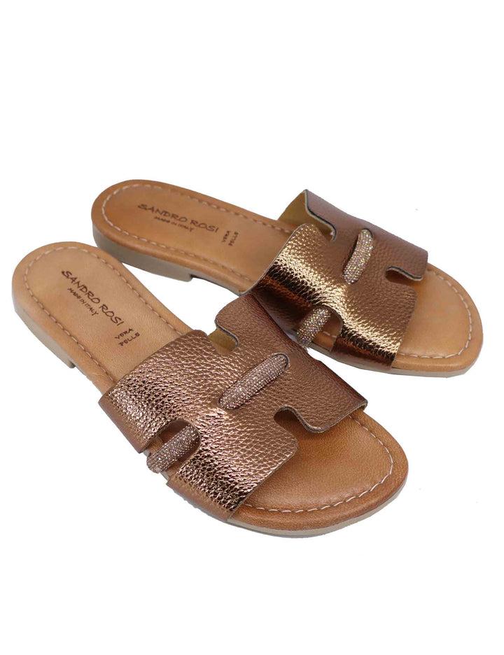 Spatarella Sandali flat donna in pelle laminata bronzo con stass Vendita Calda