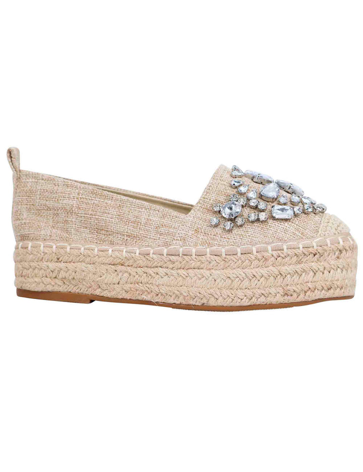 Spatarella Espadrillas donna in tessuto beige con strass e suola alta in corda Novità