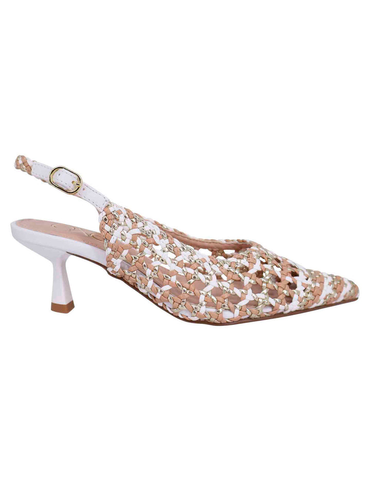 Spatarella Decollete slingback donna in eco pelle laminata bronzo multicolore con tacco bianco Presa