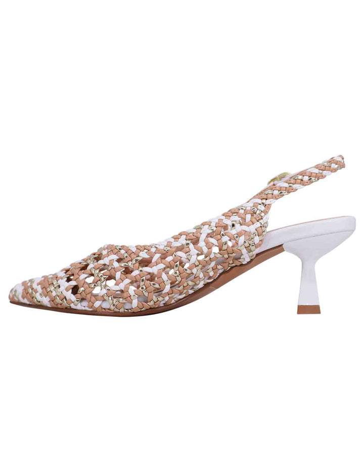 Spatarella Decollete slingback donna in eco pelle laminata bronzo multicolore con tacco bianco Presa