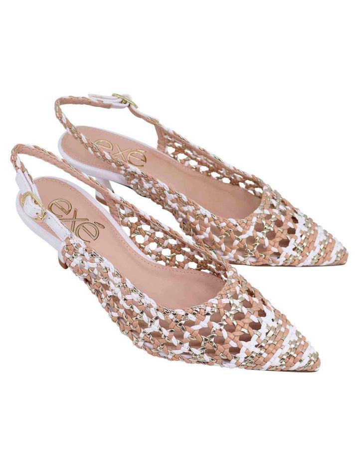 Spatarella Decollete slingback donna in eco pelle laminata bronzo multicolore con tacco bianco Presa