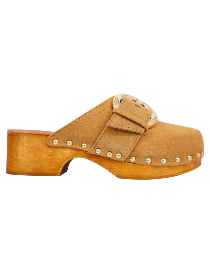Spatarella Sabot donna in camoscio beige con fibbia laterale e tacco basso in legno Sconto