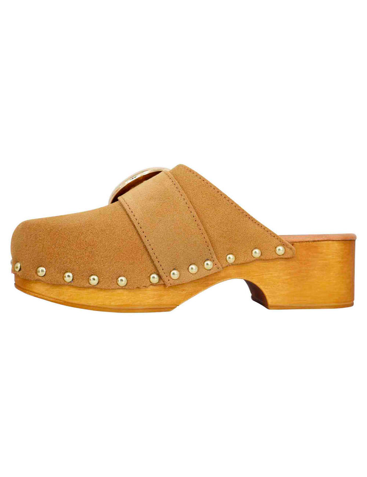 Spatarella Sabot donna in camoscio beige con fibbia laterale e tacco basso in legno Sconto