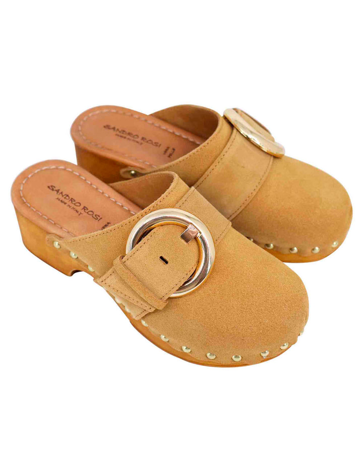 Spatarella Sabot donna in camoscio beige con fibbia laterale e tacco basso in legno Sconto
