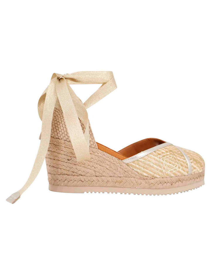 Spatarella Sandali espadrillas donna in tessuto oro e platino con zeppa in corda Outlet