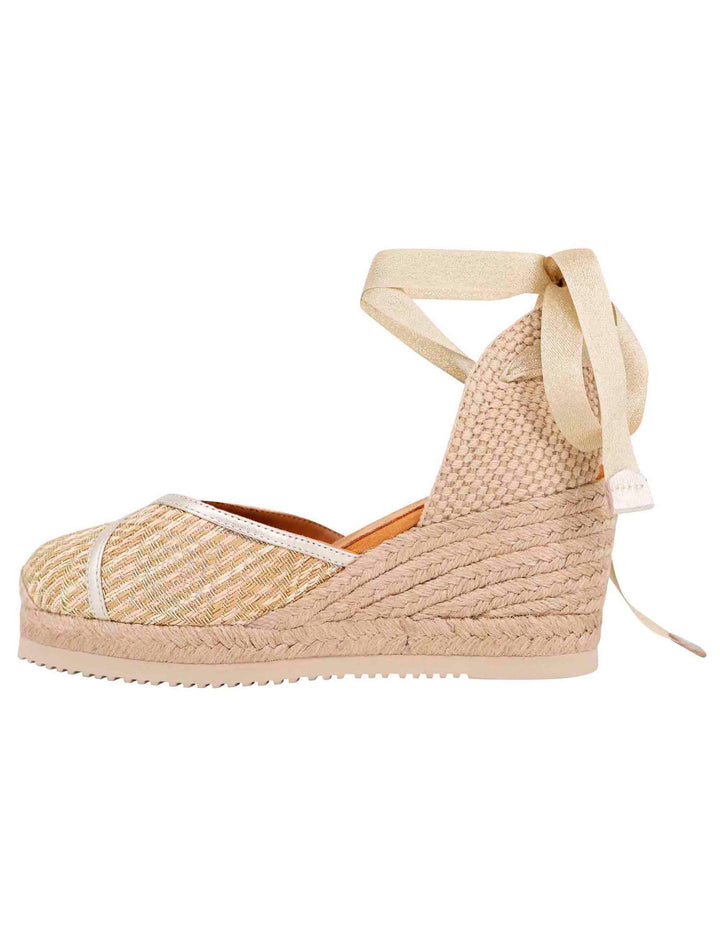 Spatarella Sandali espadrillas donna in tessuto oro e platino con zeppa in corda Outlet