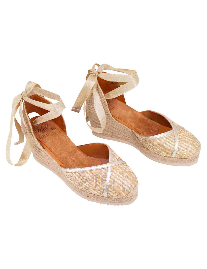 Spatarella Sandali espadrillas donna in tessuto oro e platino con zeppa in corda Outlet