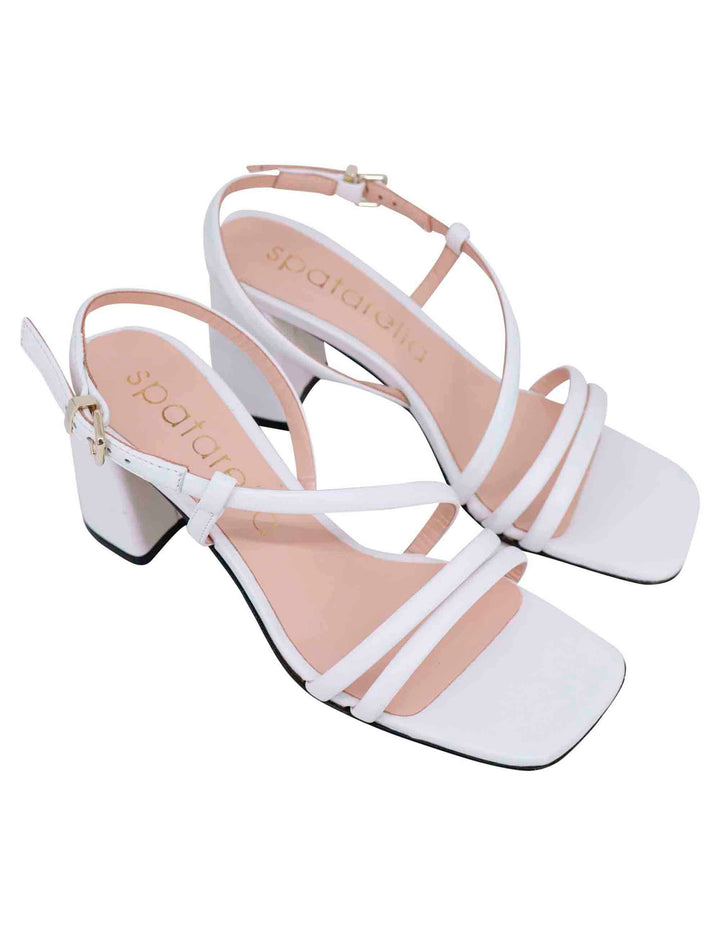 Spatarella Sandali slingback donna in pelle bianca con tacco grosso e punta quadra Vendita Calda