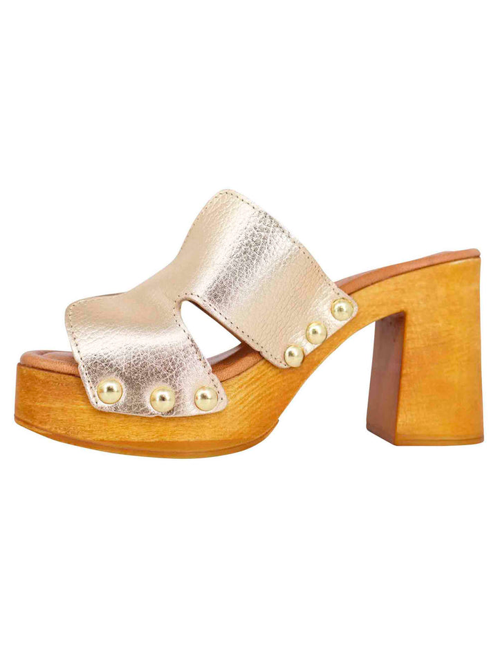 Spatarella Sandali zoccoli donna in pelle platino con fibbie oro e tacco alto I Più Venduti