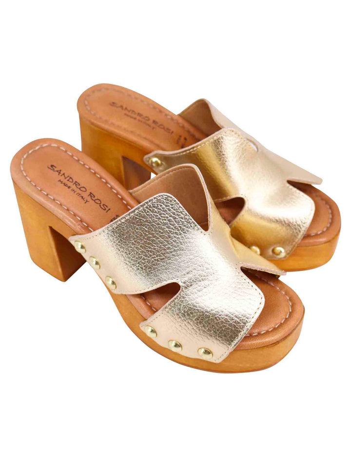 Spatarella Sandali zoccoli donna in pelle platino con fibbie oro e tacco alto I Più Venduti