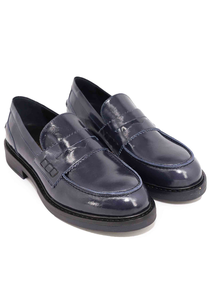 Spatarella Mocassini donna in pelle lucida blu con suola in gomma Spedizione Gratuita