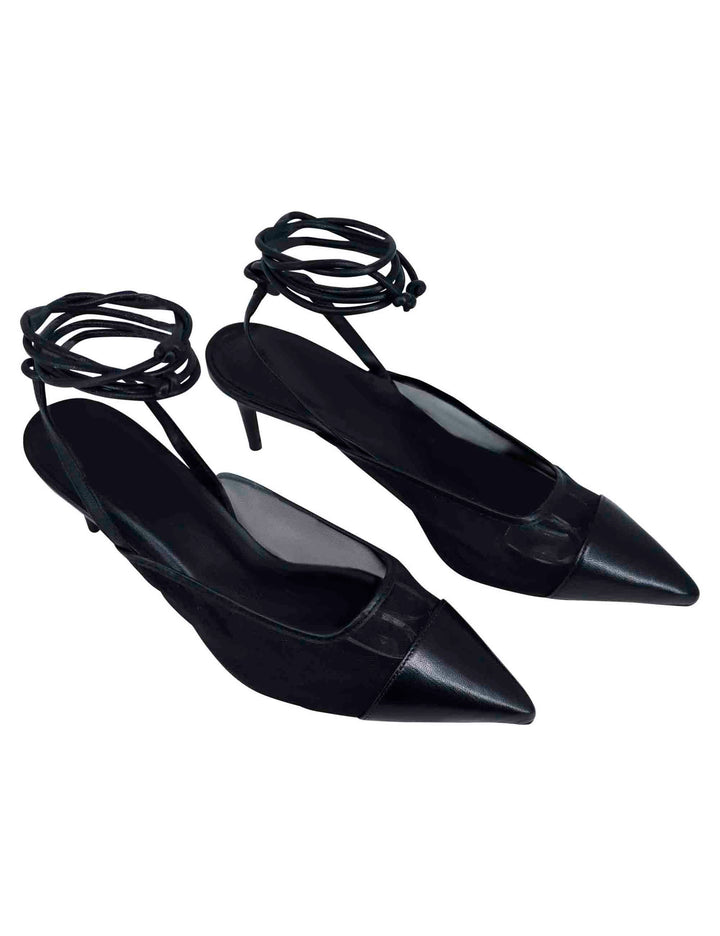 Spatarella Decollete slingback donna in rete e pelle nera con punta a punta e laccetti removibili Italia
