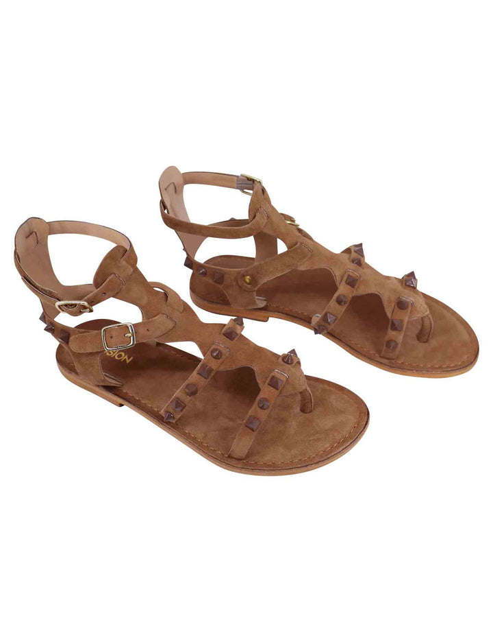 Spatarella Sandali donna gladiatore in camoscio taupe con suola bassa in cuoio Soddisfazione Garantita