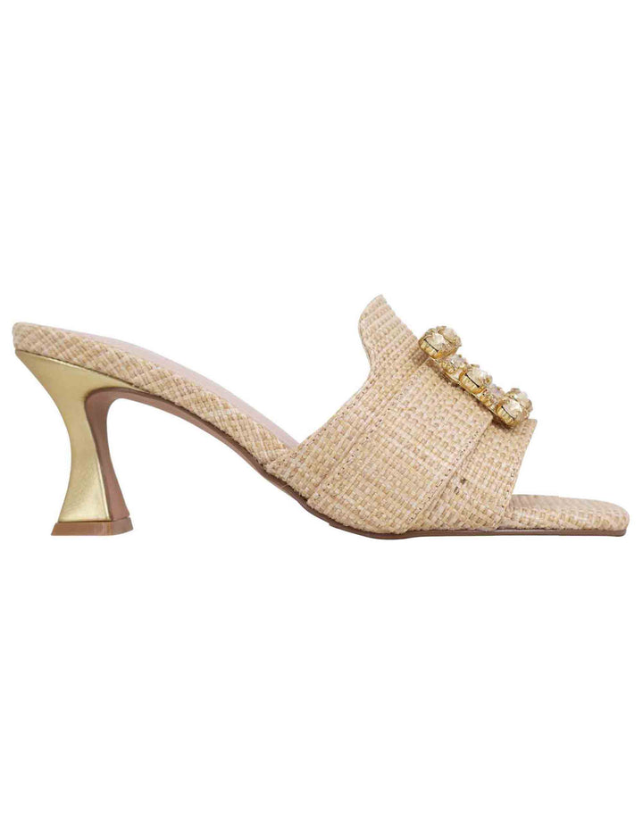Spatarella Sandali donna in tessuto rafia beige con morsetto e tacco oro Fino Al -60%