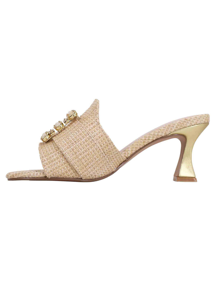 Spatarella Sandali donna in tessuto rafia beige con morsetto e tacco oro Fino Al -60%