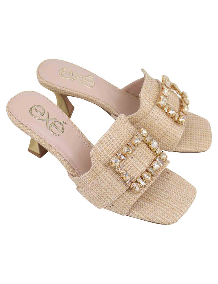 Spatarella Sandali donna in tessuto rafia beige con morsetto e tacco oro Fino Al -60%