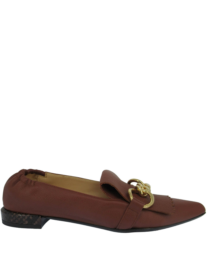 Spatarella Calzature Donna Mocassini In Pelle Cuoio con Frange e Catena Oro Punta a Punta e Tacco Basso Promozione Limitata