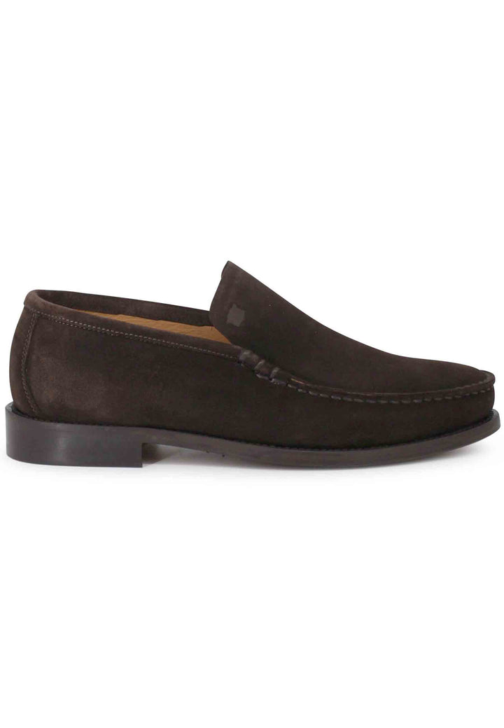 Spatarella Mocassini uomo in camoscio marrone con patta liscia e suola in cuoio cucita Economico