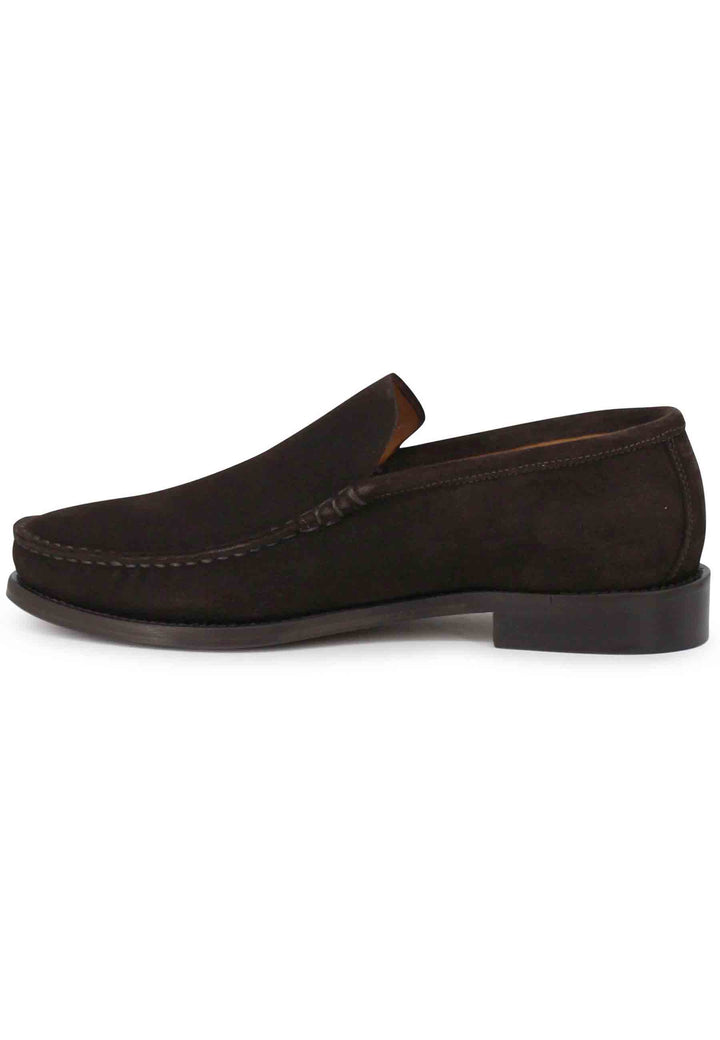 Spatarella Mocassini uomo in camoscio marrone con patta liscia e suola in cuoio cucita Economico
