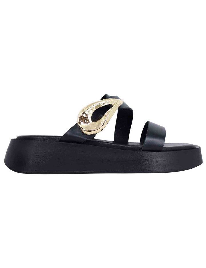 Spatarella Sandali donna in pelle nera con accessorio oro e zeppa in gomma Fino Al -60%