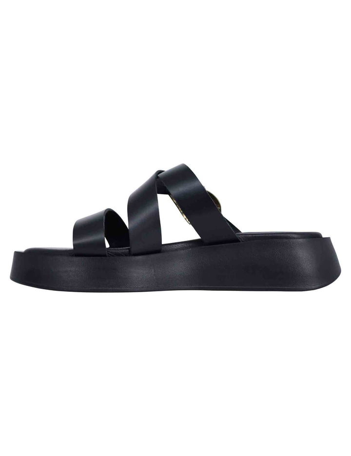 Spatarella Sandali donna in pelle nera con accessorio oro e zeppa in gomma Fino Al -60%
