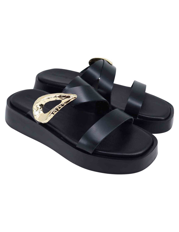 Spatarella Sandali donna in pelle nera con accessorio oro e zeppa in gomma Fino Al -60%