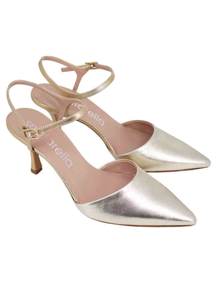 Spatarella Sandali donna in pelle laminata argento e platino con tacco alto e cinturino alla caviglia In Vendita