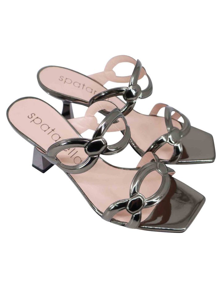 Spatarella Sandali donna in pelle laminata grigia con tacco alto e punta quadra Offerte