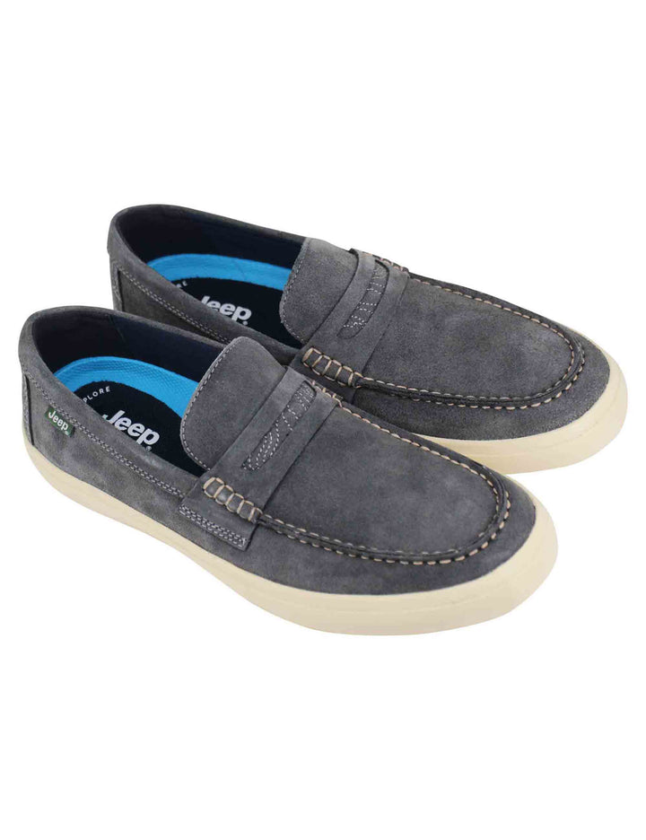 Spatarella Mocassini uomo Moki Suede in camoscio grigio con suola in gomma bianca Nuovo