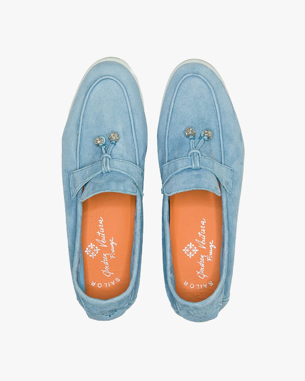 Andrea ventura Mocassino senza lacci con charms color argento Aq-D BEACH-CHARMS1 in suede color azzurro In Vendita